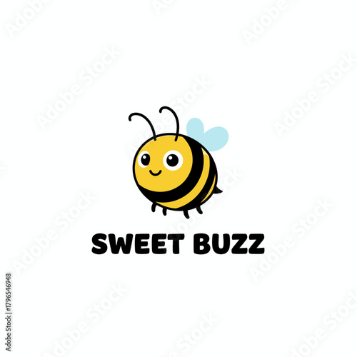 A smiling, cartoonish insect with yellow and black stripes, blue wings, and text "SWEET BUZZ" below
