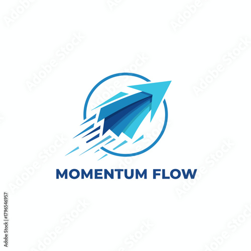 A blue rocket arrow symbol, encircled, with speed lines, suggests progress, forward momentum
