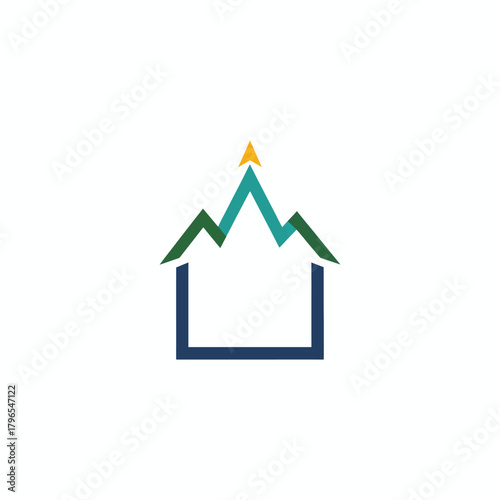 A geometric illustration featuring a home shape with mountains and an upward-pointing arrow