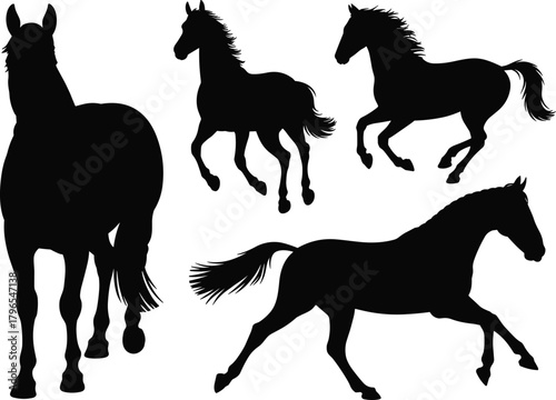 Dog silhouettes in multiple poses, muscular breed, standing, sitting, lying, stretching, black vector, pet icon, animal shape, behavior