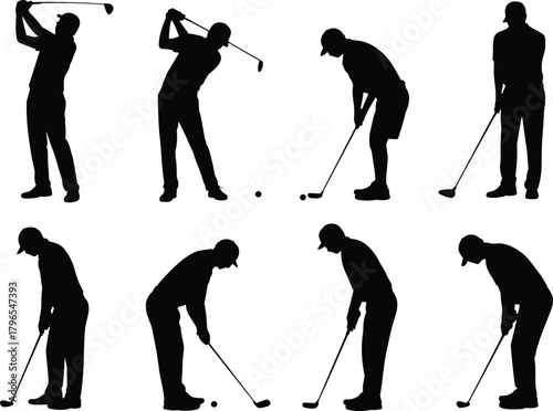 Golf silhouettes, player actions, swing poses, putting stance, black icons, vector sports, athletic motion, golf technique, abstract golfer, sports illustration
