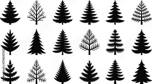 Evergreen tree silhouette set, pine vector icons, conifer forest clipart, black tree shapes, nature design elements, holiday graphics