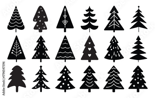 A seamless pattern vector illustration of a set of green pine Christmas trees, snow, and winter holiday decorations