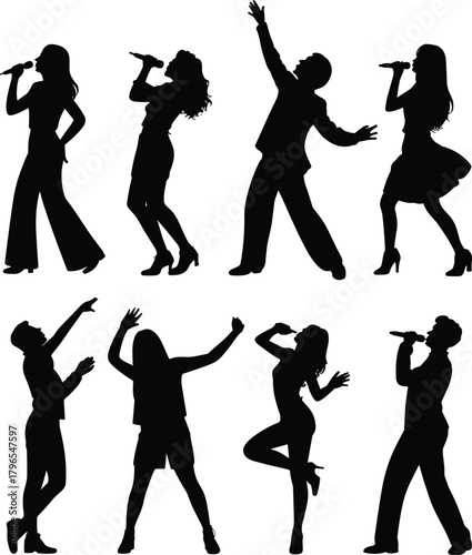 Singer silhouette vector set, dancing performer icons, black concert clipart, music pose graphics, microphone action shapes, entertainment design elements