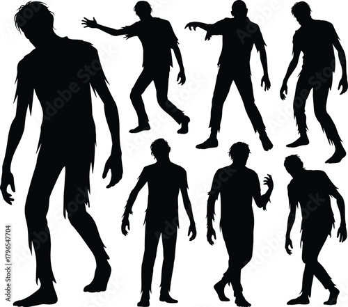 Zombie soldier silhouette set, military undead icons, black horror clipart, combat monster graphics, Halloween design elements, scary vector bundle