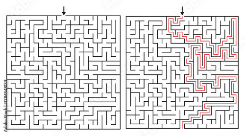Rectangular Orthogonal Maze Game for Adults - Simple and Easy Maze Game Flat Vector Black and White Outline Illustration - Problem Solving Game kdp.