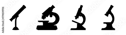 Four silhouette icons of microscopes varying in style and design for scientific exploration