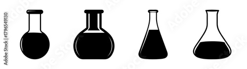Four distinct laboratory flasks containing dark liquid in a row simple silhouette graphic