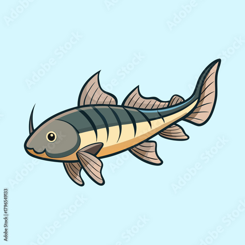 Cartoon drawing of a striped fish with barbels on a light blue background
