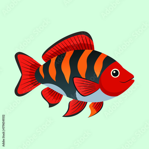 Cartoon tiger barb fish with bright colors and black stripe pattern swimming