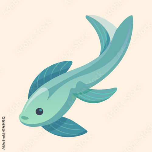 Illustration of a stylized turquoise fish swimming on a light beige background