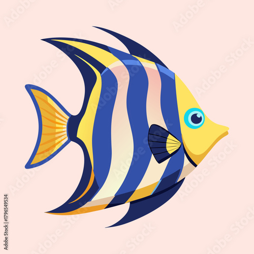 Colorful striped cartoon angelfish on pink background, swimming with a playful pose