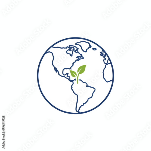 A globe outline with green leaves sprouting from the Americas, centered on a white background