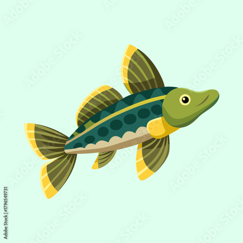 Illustration of a Cartoonish Northern Pike Fish with Yellow Accents and Stripes