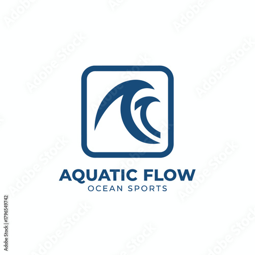 A blue wave crest logo, placed in a square frame, accompanied by text describing the ocean and sports