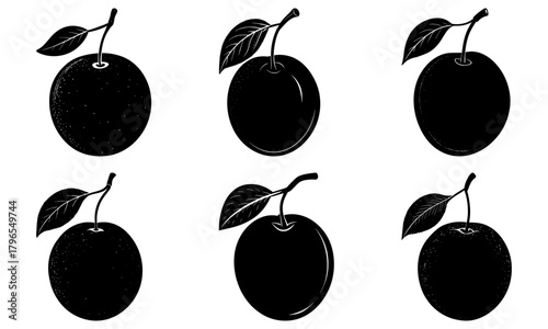 Six black plums with stems and leaves arranged in a grid pattern on a white background vector art