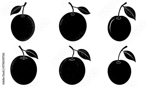 Illustration of six plums with leaves in a black and white graphic style on a white background