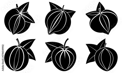 Six black and white plums with leaves in varying positions in a simple vector illustration style
