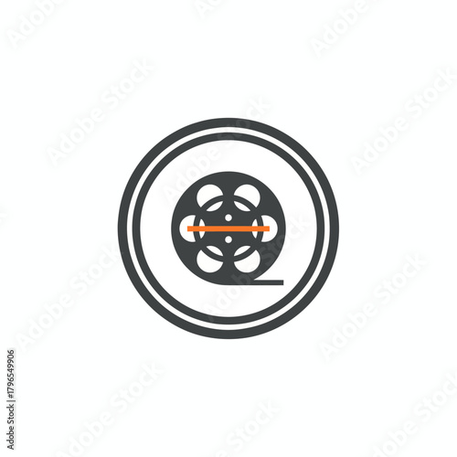 A film reel icon, a circular design inside a dark circle, features a thin orange bar