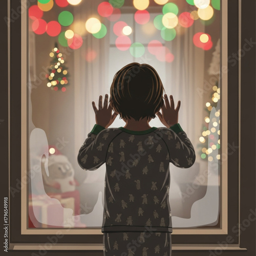 Rear view of a young child in pajamas looking out a window.