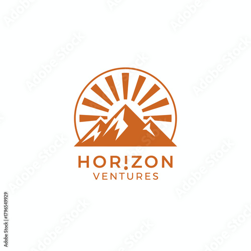 A geometric illustration of mountain peaks with sun rays radiating upward. Bottom text included