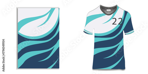 T-shirt mockup abstract curve line jersey design for football, soccer, racing, esports, running, in blue white  green white color