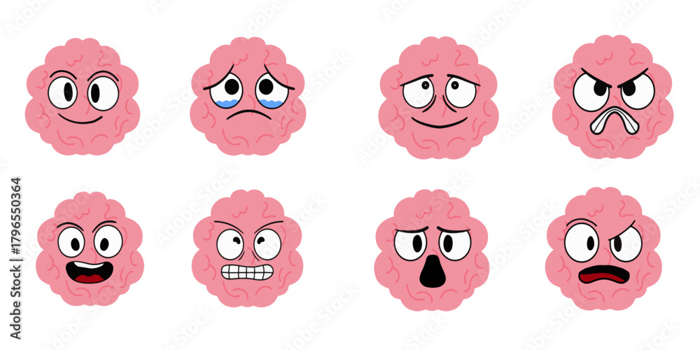 Fototapeta premium Cartoon brain character emotions vector set. Cute doodle brain mascot faces character expressions collection