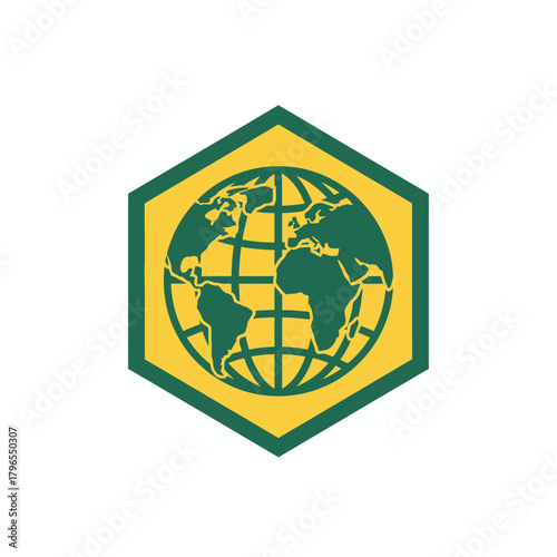 A geometric graphic features a world map inside a hexagon with a yellow and green color scheme