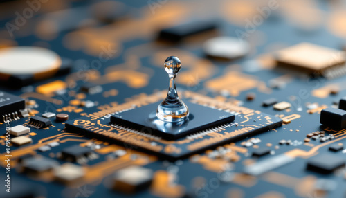 Closeup Microchip and Water Droplet Circuit Board