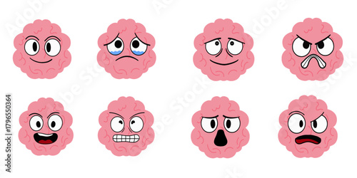 Cartoon brain character emotions vector set. Cute doodle brain mascot faces character expressions collection