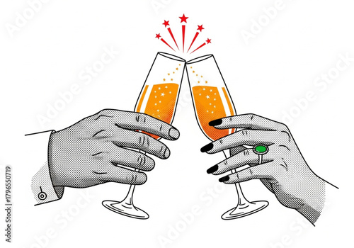 Male and Female Hands Holding Champagne Glasses Vector Illustration on white Background. Champagne Toast, Celebration, Christmas and New Year's Eve Party Flat Vector.