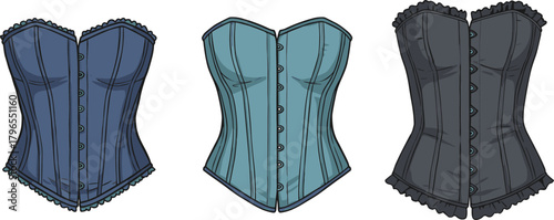 Elegant corset fashion illustration, vintage lingerie design, structured silhouette, lace trim detail, teal black blue color variations, historical garment sketch