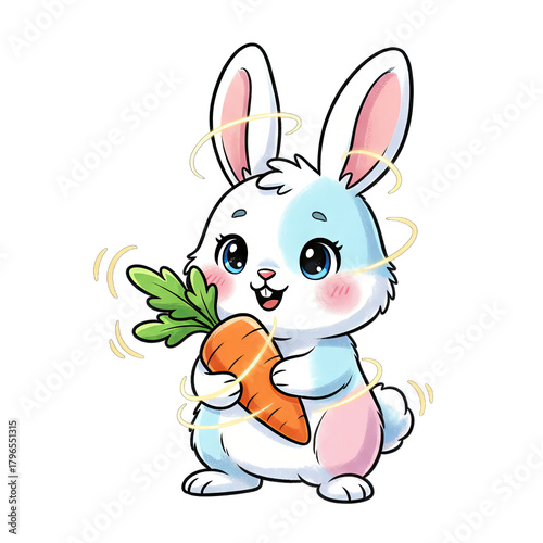 Cute cartoon white and blue bunny rabbit holding a fresh carrot with green leaves glowing yellow swirls around its body isolated on black background soft light
