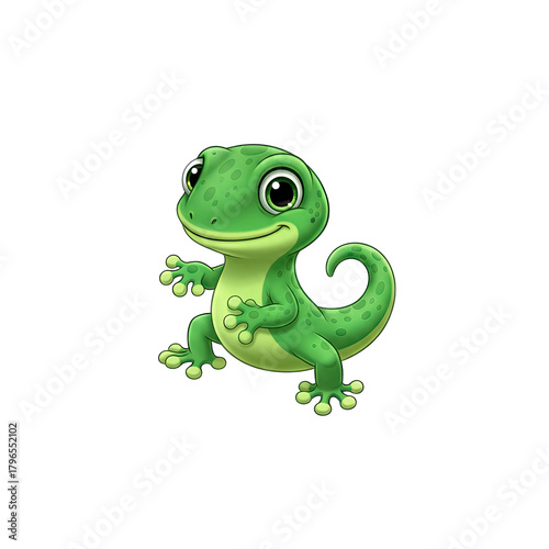 Cute Green Cartoon Gecko Reptile With Big Eyes and Spotted Skin Standing On All Fours With A Happy Expression