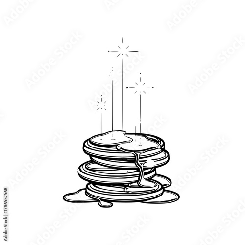 Delicious stack of pancakes with syrup breakfast brunch food illustration vector outline drawing design art