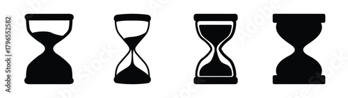 Four distinct hourglass icons showcasing different stages of sand flow and fill levels