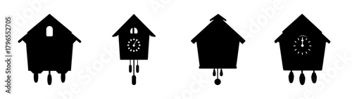 Four distinct silhouette cuckoo clock designs with pendulums and weights