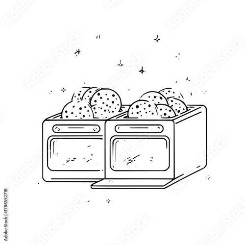 Delicious bakery oven with fresh baked cookies drawing illustration for food blog and recipe website content