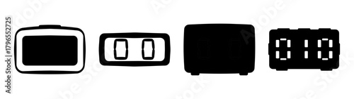 Collection of digital clock displays showing different time formats and designs