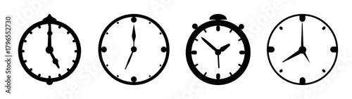 Set of four time clocks showing different hours and a stopwatch symbol