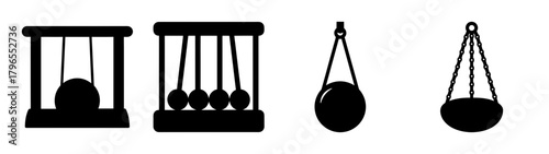 Physics demonstration newton's cradle and balance scales icons showcasing momentum and equilibrium