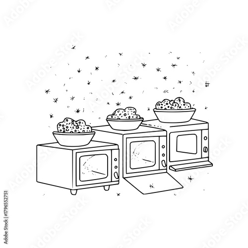 Sketch of microwave ovens with bowls of food cooking appliance kitchen appliance home appliance line art drawing