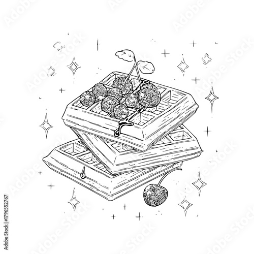 Delicious waffles with cherries and syrup illustration for breakfast brunch dessert food drawing design art