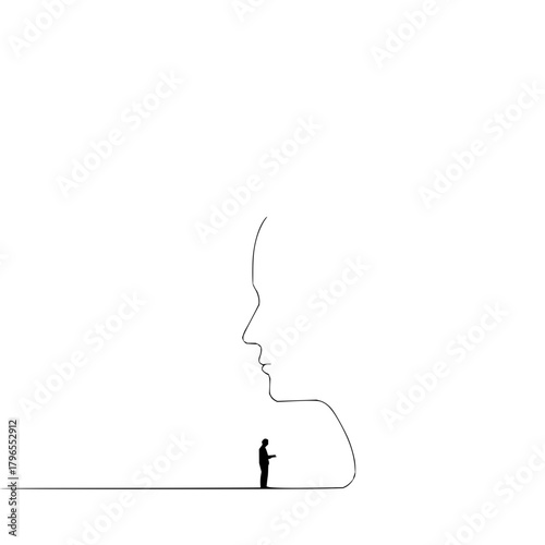 Minimalist art of man standing before giant face outline concept drawing black and white simple illustration