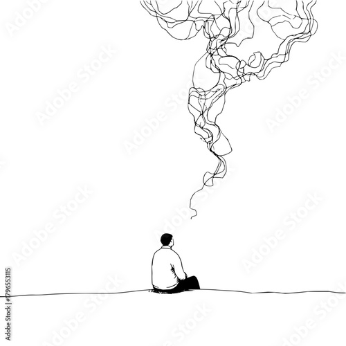 Man sitting thinking art drawing illustration thoughts cloud concept design idea inspiration creativity 100