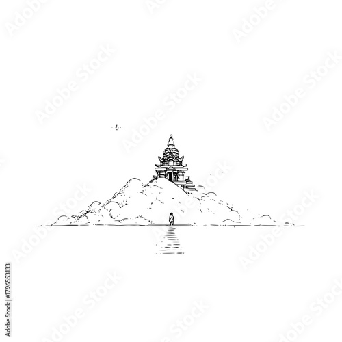 Asian temple on mountain peak drawing black and white ink illustration scenic landscape travel destination art