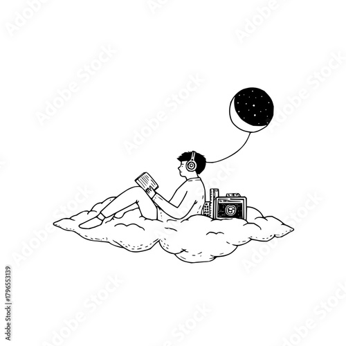 Man reading book on cloud with headphones and moon illustration dreamy relaxing fantasy art drawing design