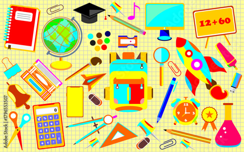 School themed set elements. School stationery stickers. Set of education and science elements. Collection of education school icons. Back to school clipart. School supplies colorful icons set.