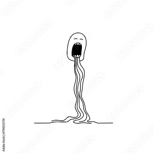 Abstract art vomiting monster drawing black and white illustration weird doodle character design graphic artwork