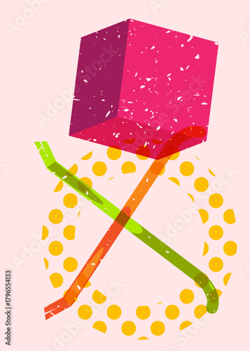 Risograph Crowbar with geometric shapes. Objects in trendy riso graph print texture style design with geometry elements.